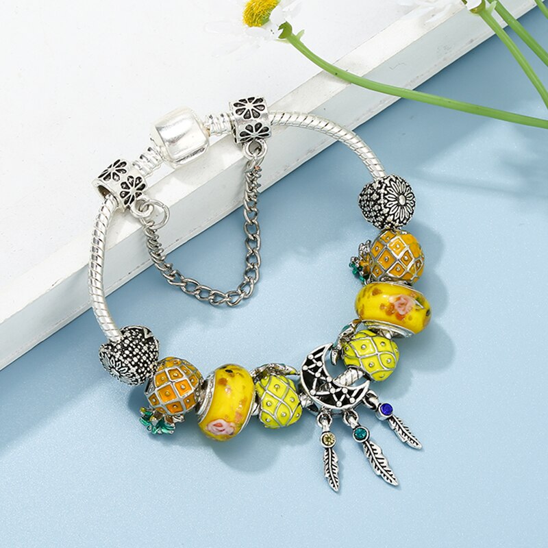 Yellow Fruit Pineapple Beads Brand Bracelet With Moon Pendant Snake Chain Charm Bracelets For Women Jewelry Gift
