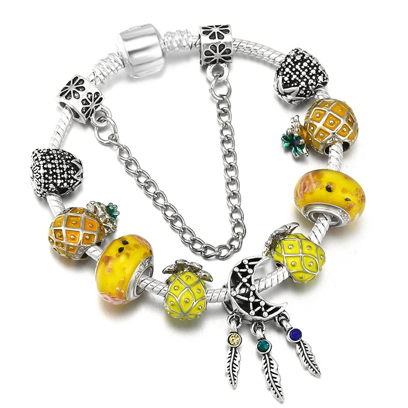 Yellow Fruit Pineapple Beads Brand Bracelet With Moon Pendant Snake Chain Charm Bracelets For Women Jewelry Gift