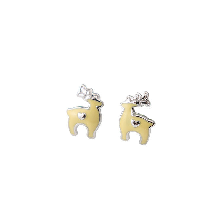 Yellow/Purple Enamel Heart Elk Deer 925 Silver Stud Earrings