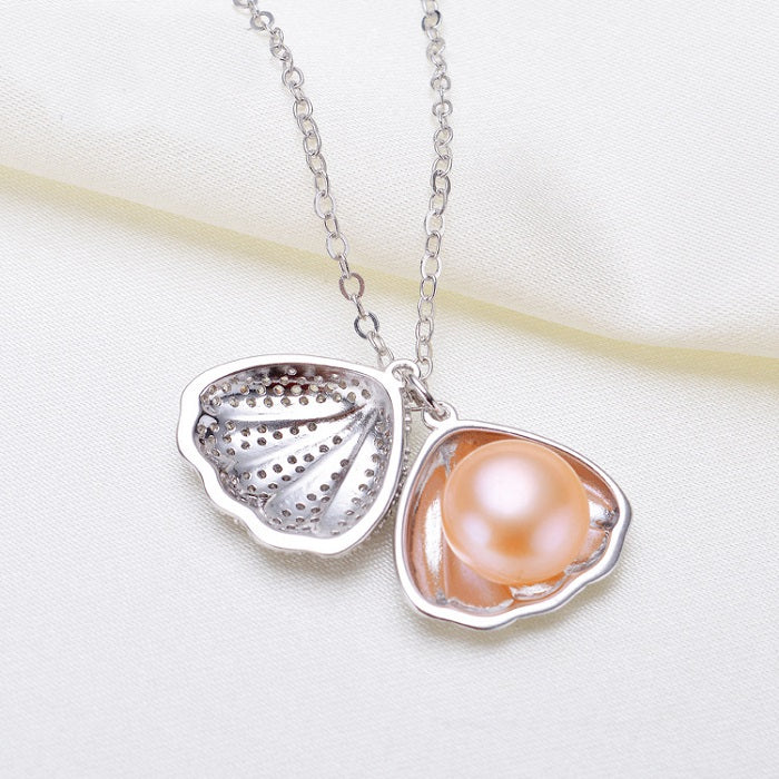 Yellow/Rose/White Shell Half Round Natural Pearl 925 Sterling Silver Necklace