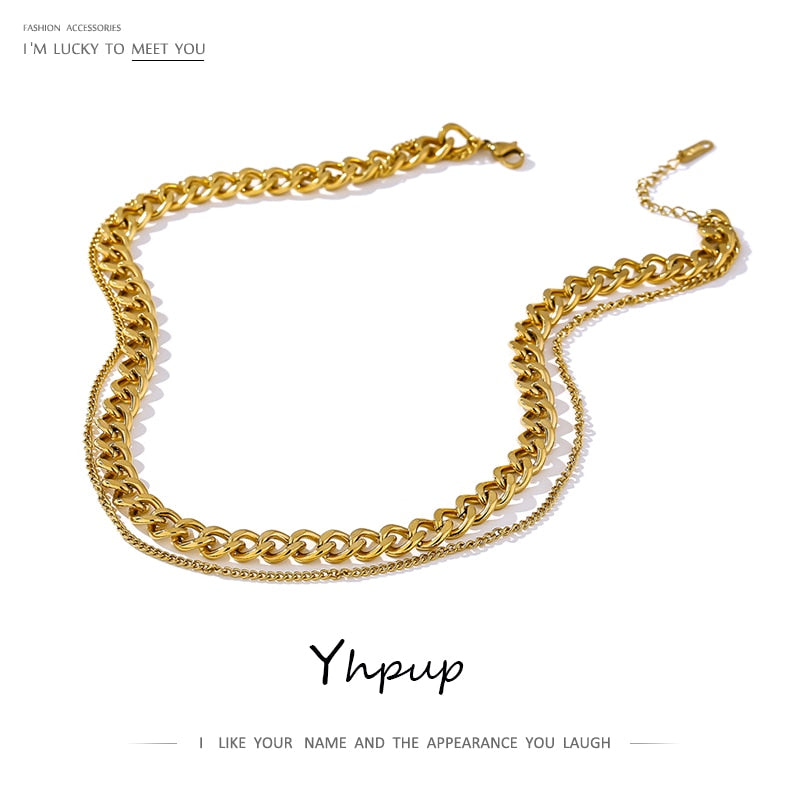 Yhpup 316 Stainless Steel Double Layer Necklace 2022 Choker Collar Statement Charm Golden Necklace for Women 2022