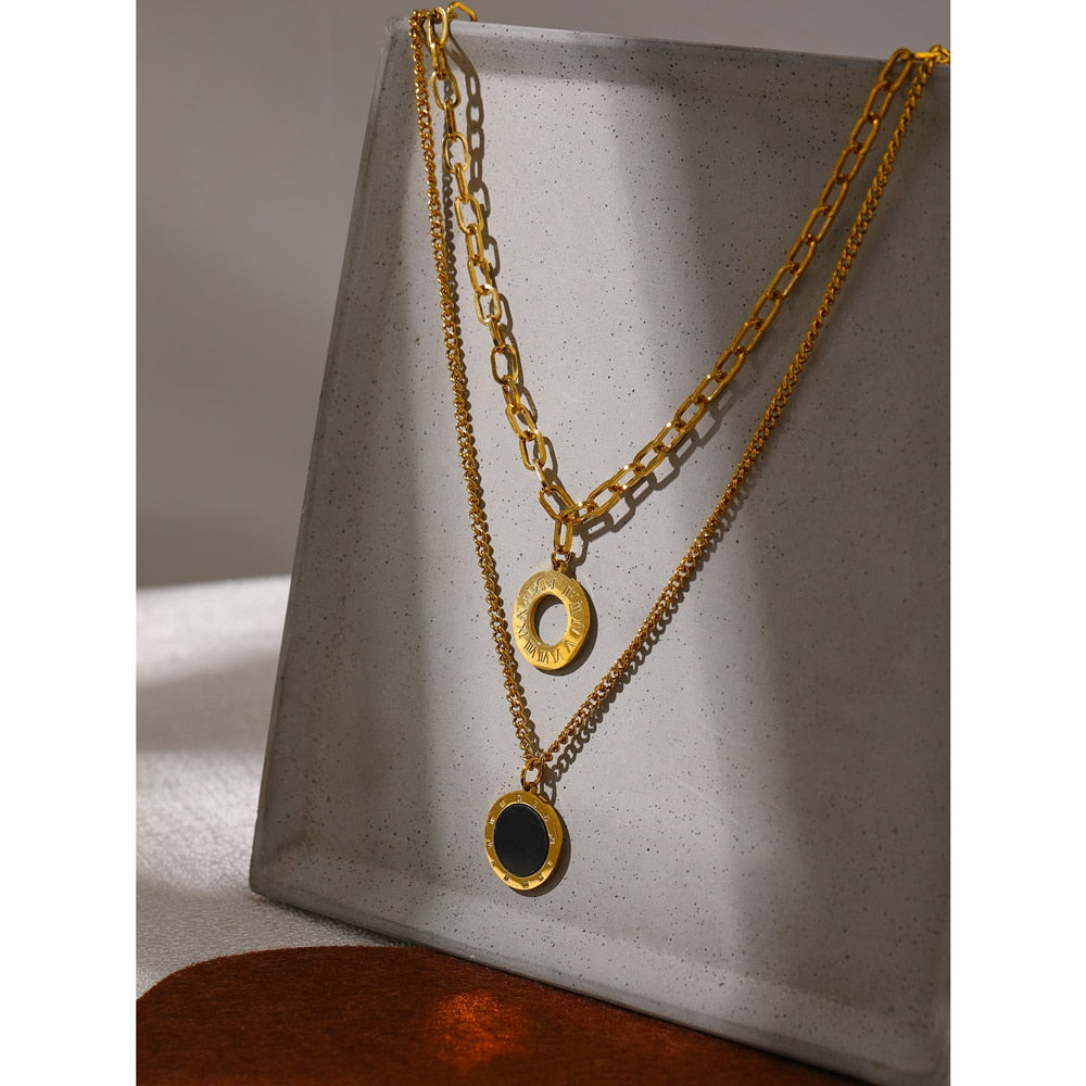 Yhpup Double Sided Black White Shell Pendant Necklace Stainless Steel Roman Numeral Layered Choker Necklace Gift 2022