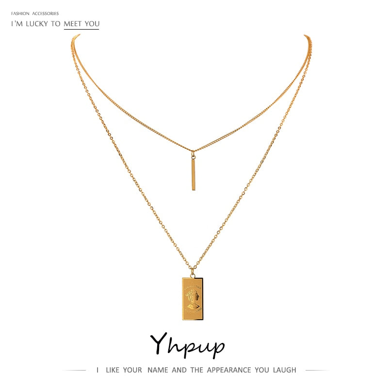 Yhpup Fine Chain Geometric Pendant Portrait Necklace Stainless Steel 18 K Jewelry Trendy Square Chain Collar Necklace