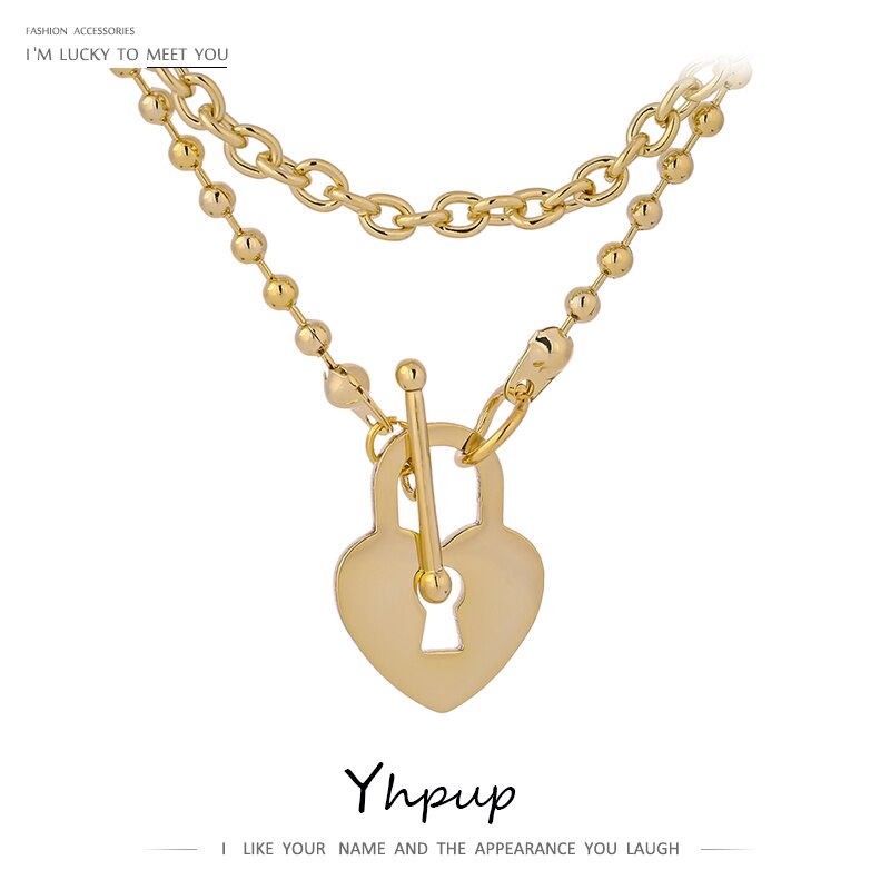 Yhpup Heart Lock Layered Pendant Necklace Trendy Golden Metal Texture Copper Choker Necklace for Women ожерелье 2022