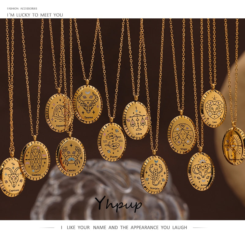 Yhpup 316 Stainless Steel 12 Constellation Drop Pendant Necklace Waterproof Golden Jewelry 18 K Metal Collar Necklace Gift