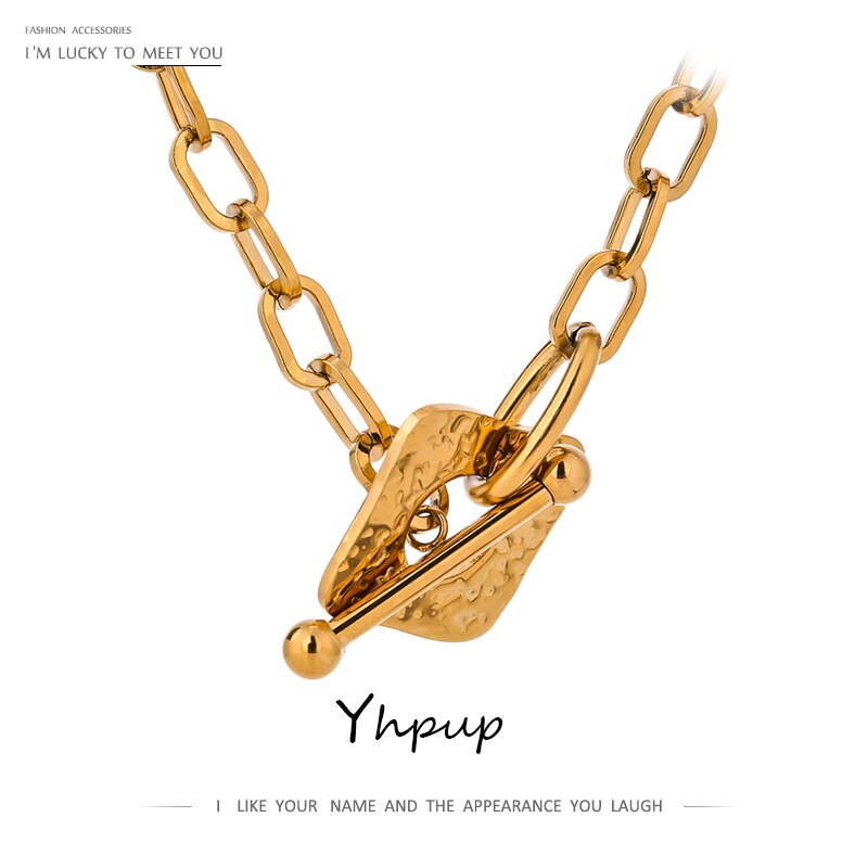 Yhpup Design Square Link Chain Necklace for Women Stainless Steel Golden Metal Stylish Choker Necklace Anniversary Jewelry