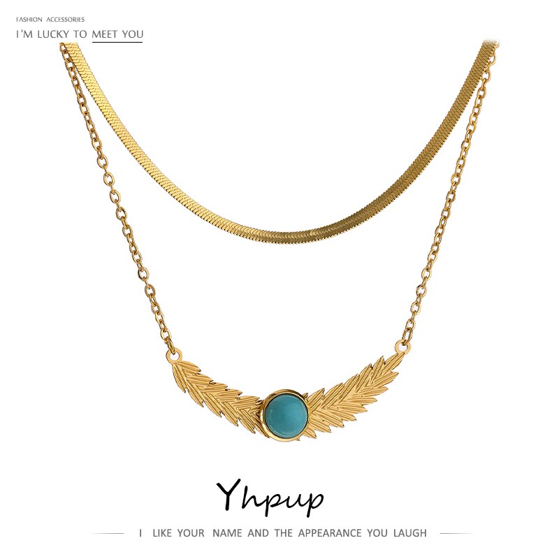 Yhpup Moon Leaves Plant Necklace Stainless Steel Layered Jewelry 18 K Metal Gold Collar Necklace for Women Gala Gift
