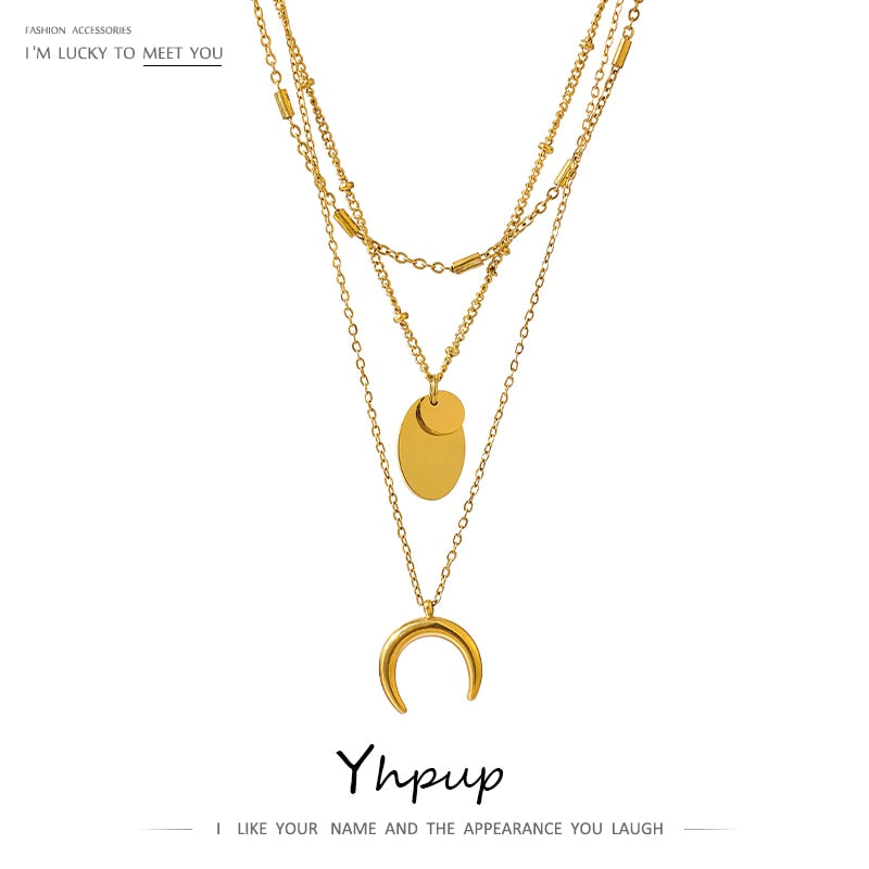 Yhpup Stainless Steel Layered Geometric Pendant Necklace Statement Metal 18 K Collar Necklace украшения 2022 бижутерия