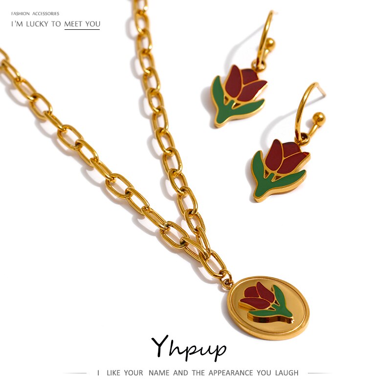 Yhpup Stainless Steel Enamel Flower Pendant Necklace Exquisite Metal 18 K Collar Necklace Bijoux Femme Anniversary Gift