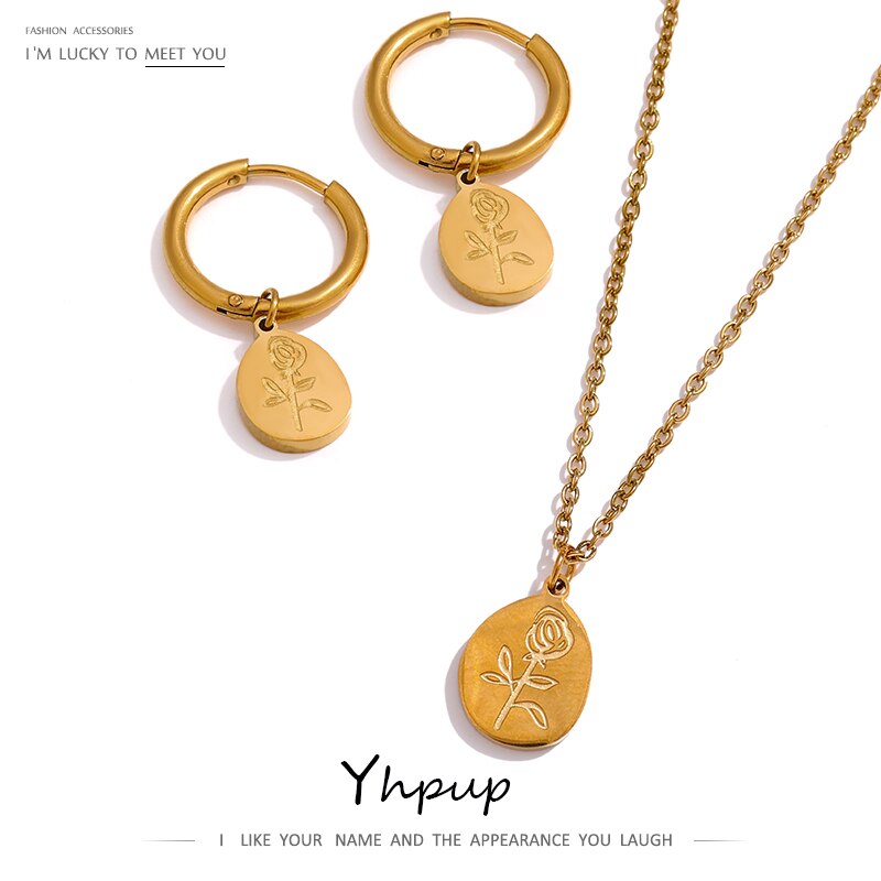 Yhpup Stainless Steel Flower Pendant Necklace  Metal Titanium Steel Jewelry Collar Necklace for Women Gala Gift