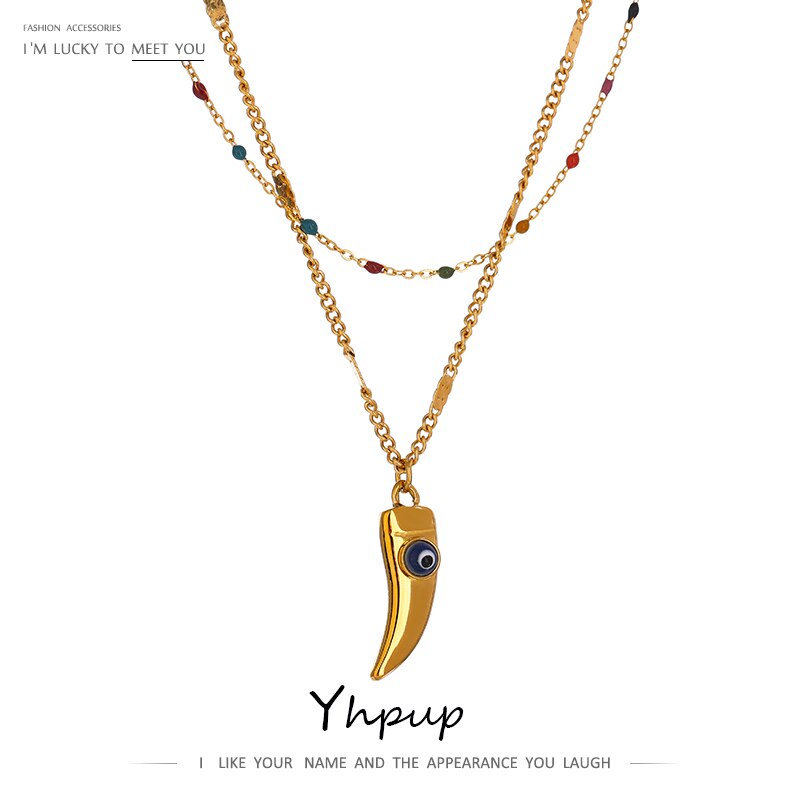 Yhpup Stainless Steel Horns Pendant Necklace Exquisite Colorful Enamel Double Layered Jewelry Collar Necklace Party Gift 2022