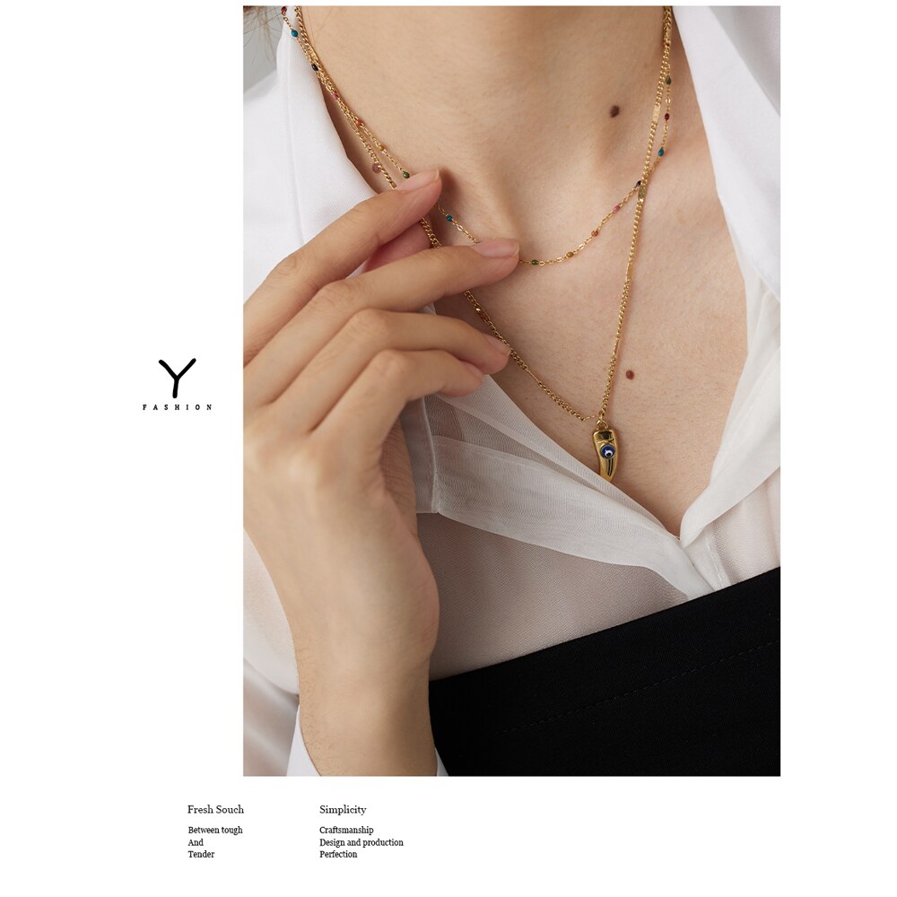 Yhpup Stainless Steel Horns Pendant Necklace Exquisite Colorful Enamel Double Layered Jewelry Collar Necklace Party Gift 2022