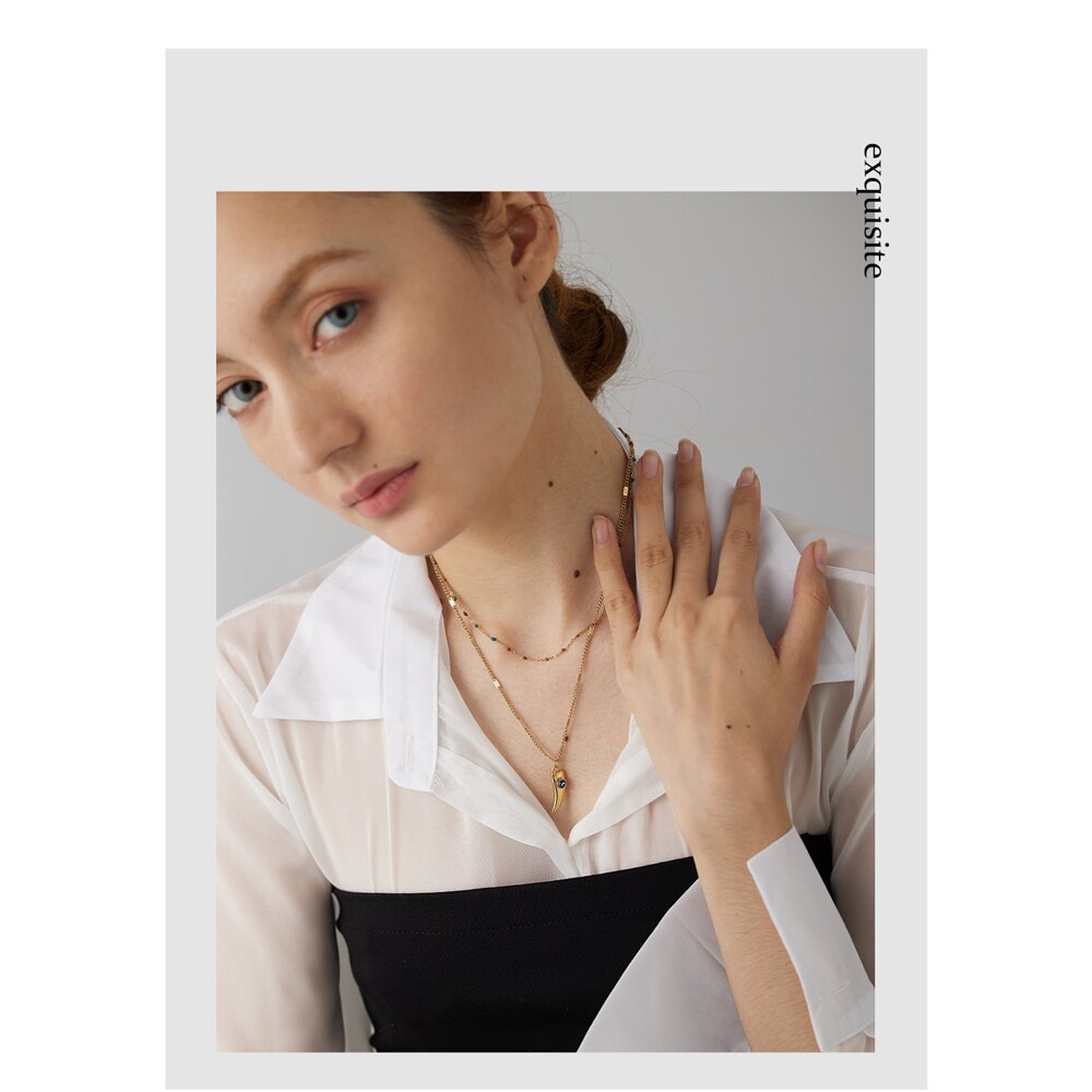 Yhpup Stainless Steel Horns Pendant Necklace Exquisite Colorful Enamel Double Layered Jewelry Collar Necklace Party Gift 2022