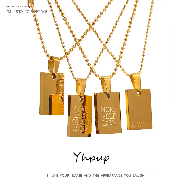 Yhpup Stainless Steel Square Pendant Necklace Trendy 18 K PVD Plated Collar Necklace Waterproof Jewelry цепочка на шею женская