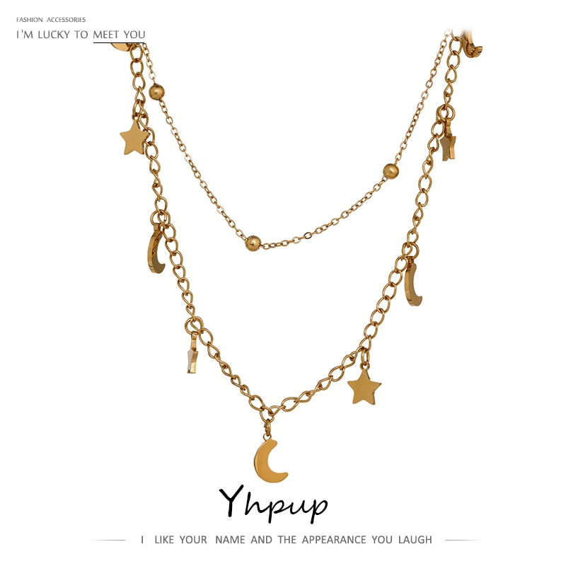 Yhpup Star Moon Pendant Layered Necklace Stainless Steel Golden Chain Collar Necklace цепочка на шею женская Party Gift New