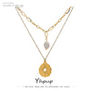 Yhpup Statement Round North Star Layered Pendant Necklace for Women Golden Stainless Steel Natural Pearl Chain Collar Necklace