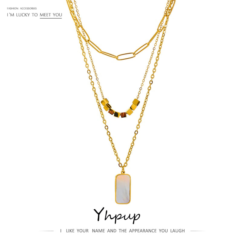 Yhpup Stylish Natural Shell Square Pendant Necklace Stainless Steel Metal Layered Collar Necklace Titanium Steel Jewelry 2022