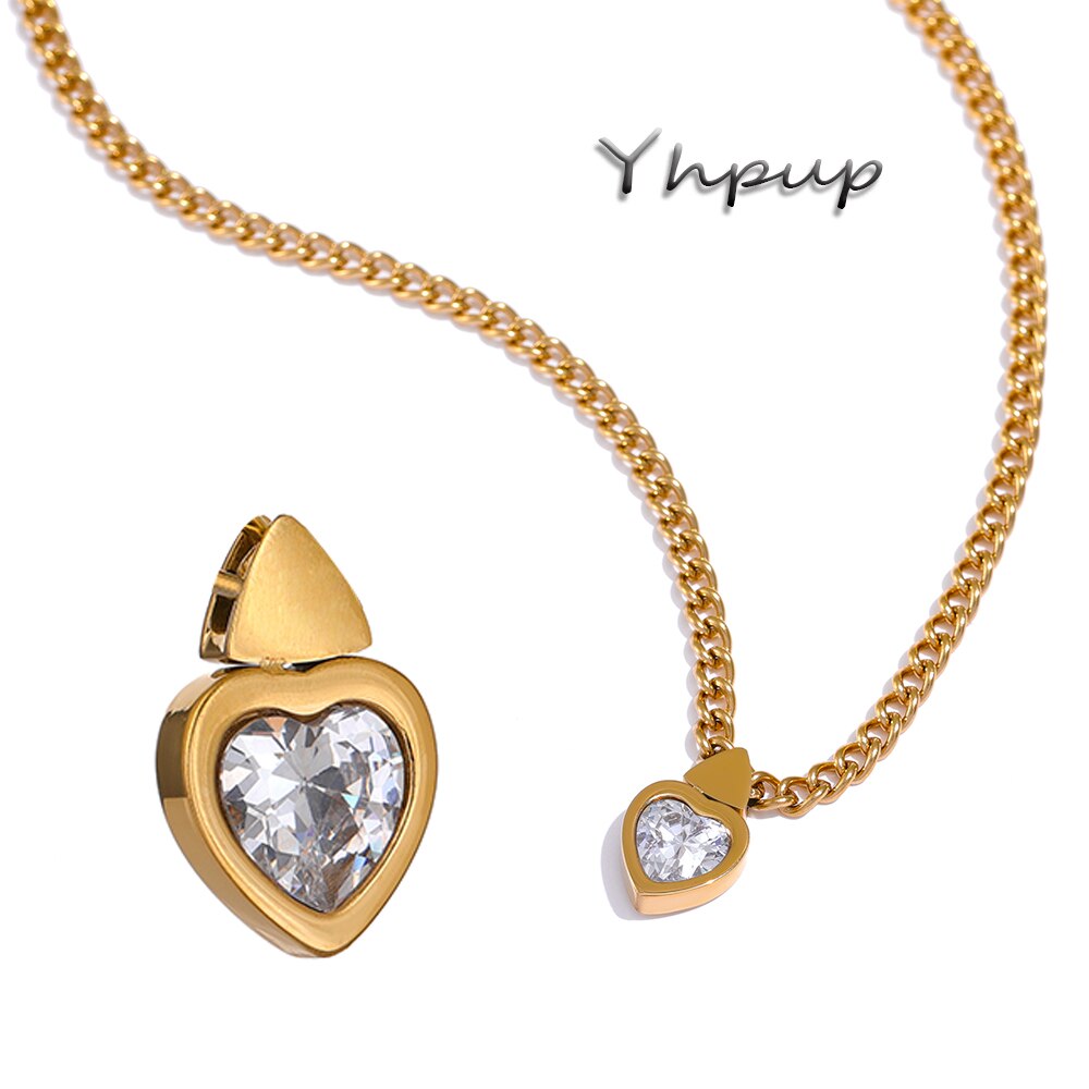 Yhpup White Cubic Zirconia Heart Pendant Necklace Stainless Steel Chain Collar Trendy Necklace бижутерия для женщин Party Gift