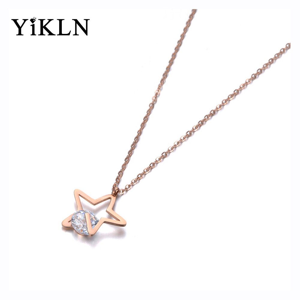YiKLN Office Stainless Steel Cubic Zirconia Star Pendant Necklaces Jewelry Rose Gold Chokers Necklace For Women Girls YN19013