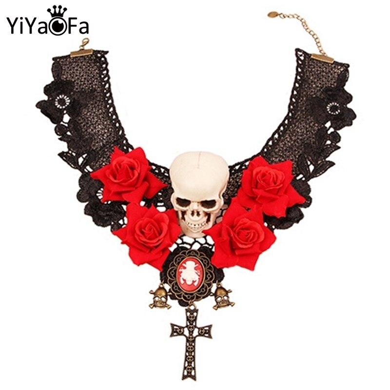 YiYaoFa Halloween Skull Lace Choker Necklace for Women Accessories Skeleton Cosplay Jewelry Necklace Collar Party Jewelry Y469