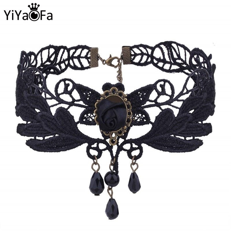 YiYaoFa Women Elegant Vintage Princess Black Lace Gothic Necklace Victorian Lolita Choker Pendant Vampire Chain Y191