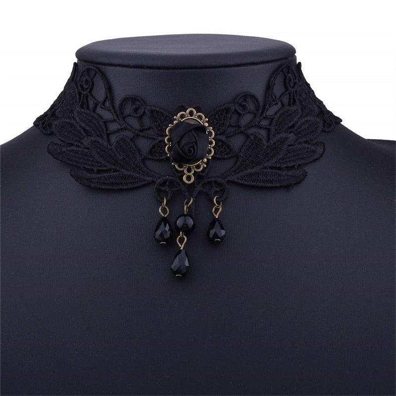 YiYaoFa Women Elegant Vintage Princess Black Lace Gothic Necklace Victorian Lolita Choker Pendant Vampire Chain Y191