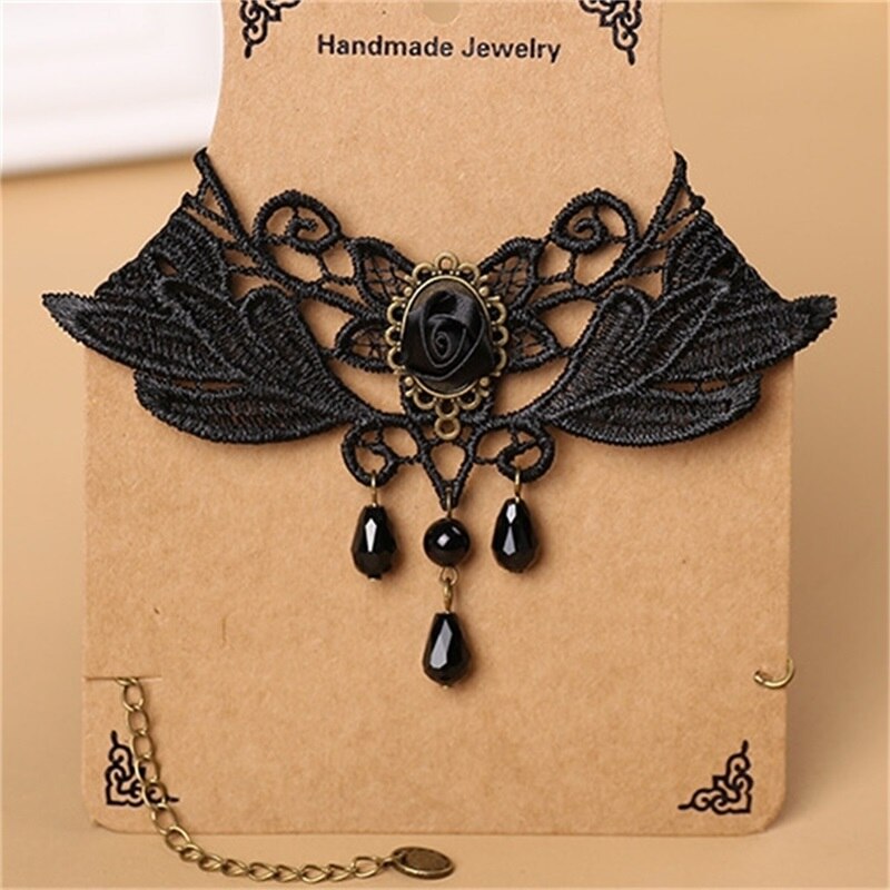 YiYaoFa Women Elegant Vintage Princess Black Lace Gothic Necklace Victorian Lolita Choker Pendant Vampire Chain Y191