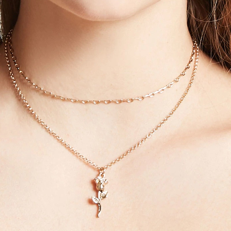 2020 New Fashion Wild Punk Rose Pendants Necklace Gold Silver Layered Choker Necklace For Women Charm Gift
