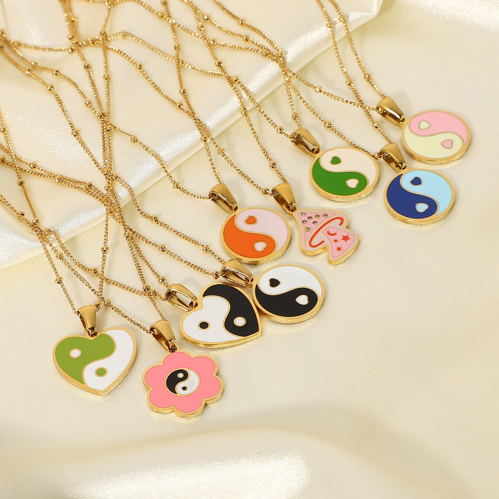 Ying yang heart necklace for women stainless steel pink floral mushroom necklace for teenage egirls y2k jewelry cute kawaii 2022