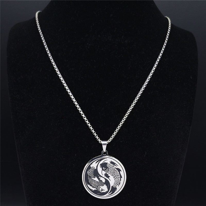 Yinyang Gossip Fish Stainless Steel Necklace Silver Color Statement Necklace Jewelry collar acero inoxidable mujer N3292S01