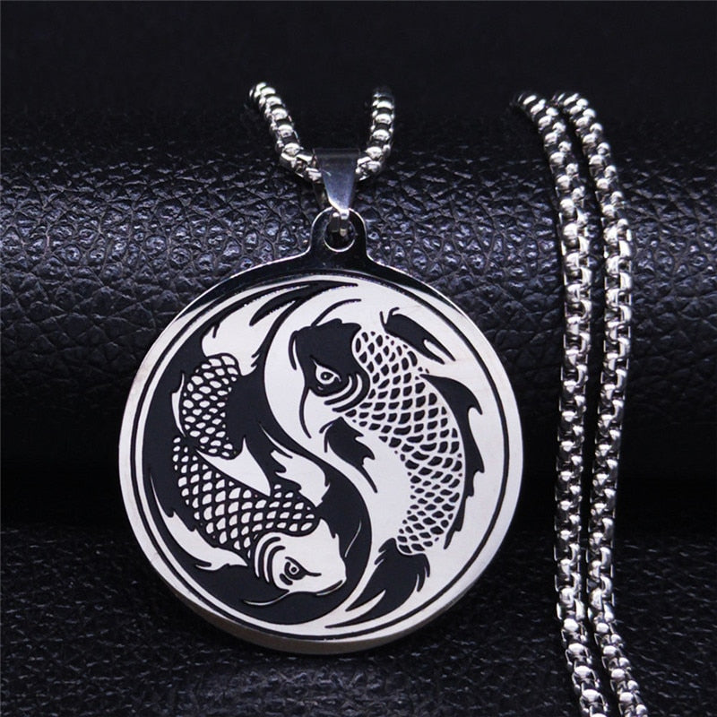 Yinyang Gossip Fish Stainless Steel Necklace Silver Color Statement Necklace Jewelry collar acero inoxidable mujer N3292S01
