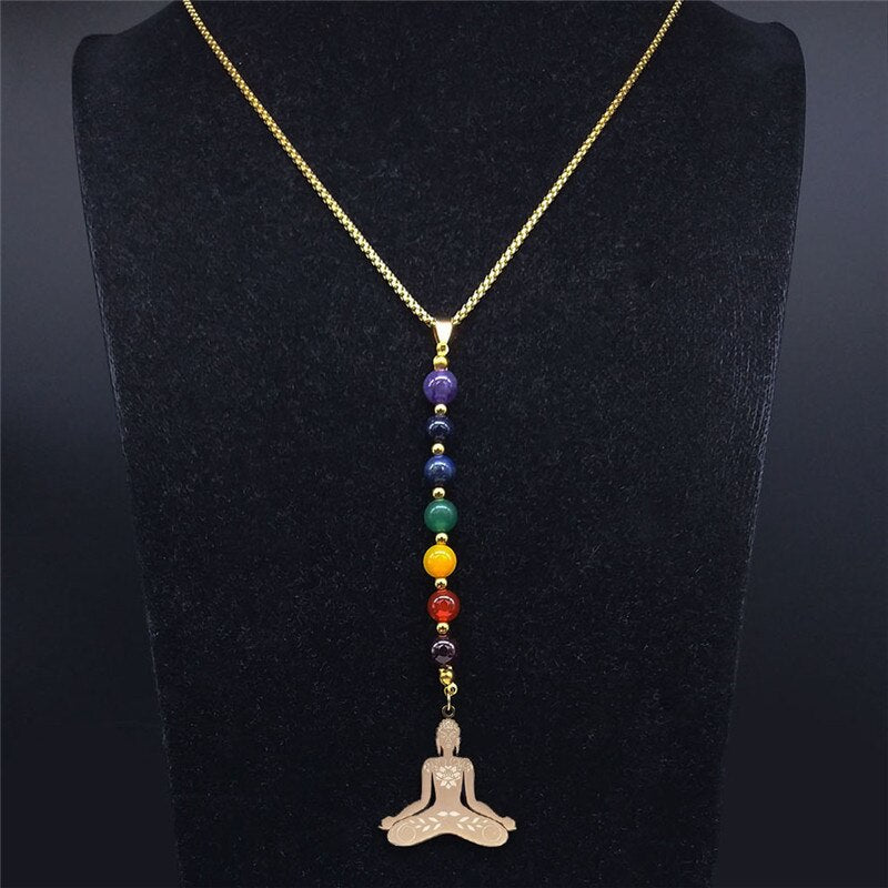 Yoga Buddha 7 Color Chakra Stone Stainless Steel Chain Necklaces Women Gold Color Long Necklaces Jewelry gargantilla N1211S04