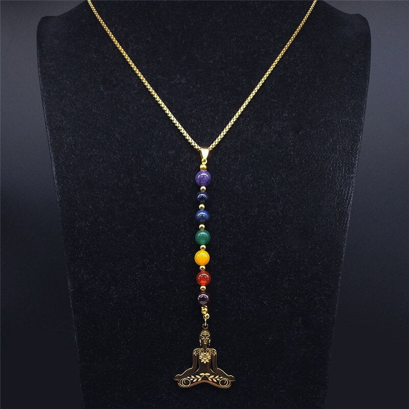 Yoga Buddha 7 Color Chakra Stone Stainless Steel Chain Necklaces Women Gold Color Long Necklaces Jewelry gargantilla N1211S04
