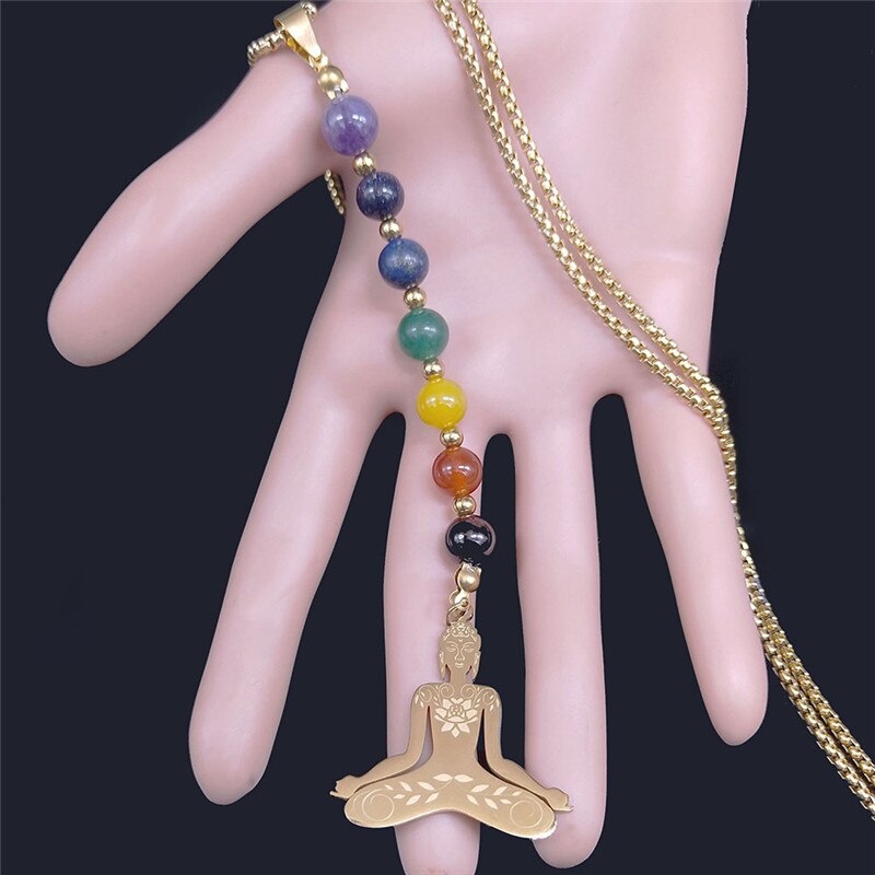 Yoga Buddha 7 Color Chakra Stone Stainless Steel Chain Necklaces Women Gold Color Long Necklaces Jewelry gargantilla N1211S04