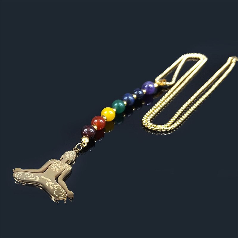 Yoga Buddha 7 Color Chakra Stone Stainless Steel Chain Necklaces Women Gold Color Long Necklaces Jewelry gargantilla N1211S04