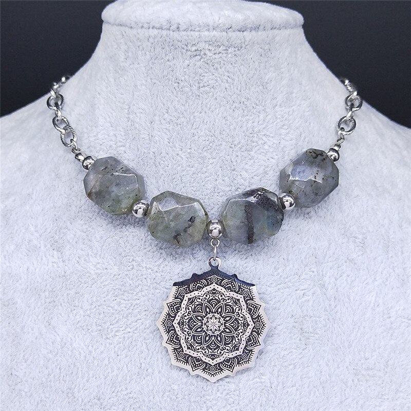 Yoga Lotus Flash Stone Stainless Steel Choker Necklace for Women Silver Color Big Beads Necklaces Jewelry bijoux femme NXS054