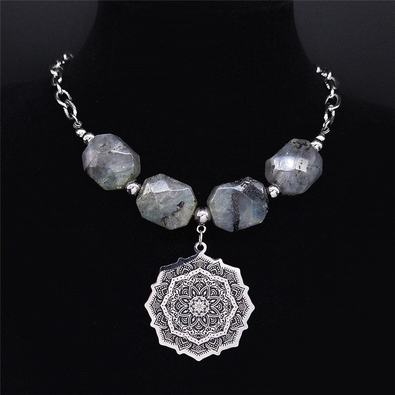 Yoga Lotus Flash Stone Stainless Steel Choker Necklace for Women Silver Color Big Beads Necklaces Jewelry bijoux femme NXS054