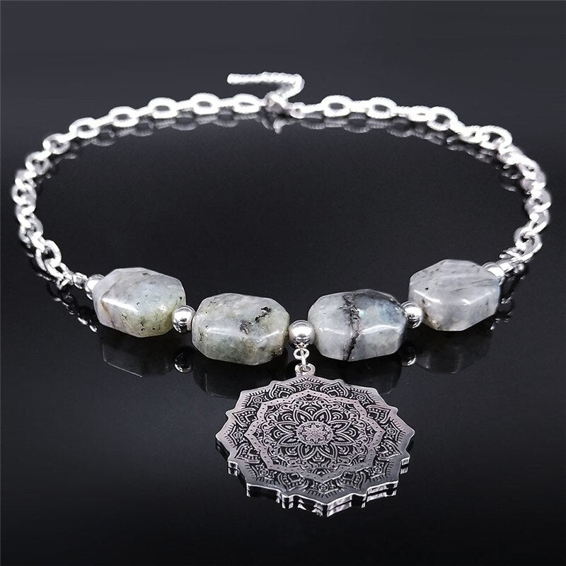 Yoga Lotus Flash Stone Stainless Steel Choker Necklace for Women Silver Color Big Beads Necklaces Jewelry bijoux femme NXS054