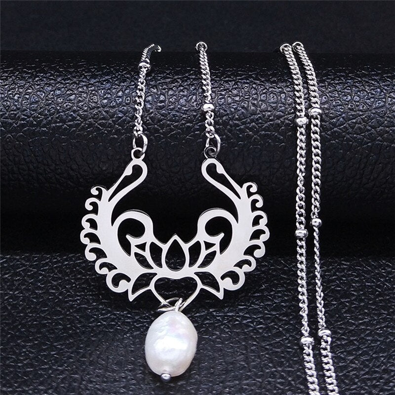 Yoga Lotus Freshwater Pearl Stainless Steel Necklace Silver Color Necklace Pendant Women Jewelry collares colier femme N4449S04