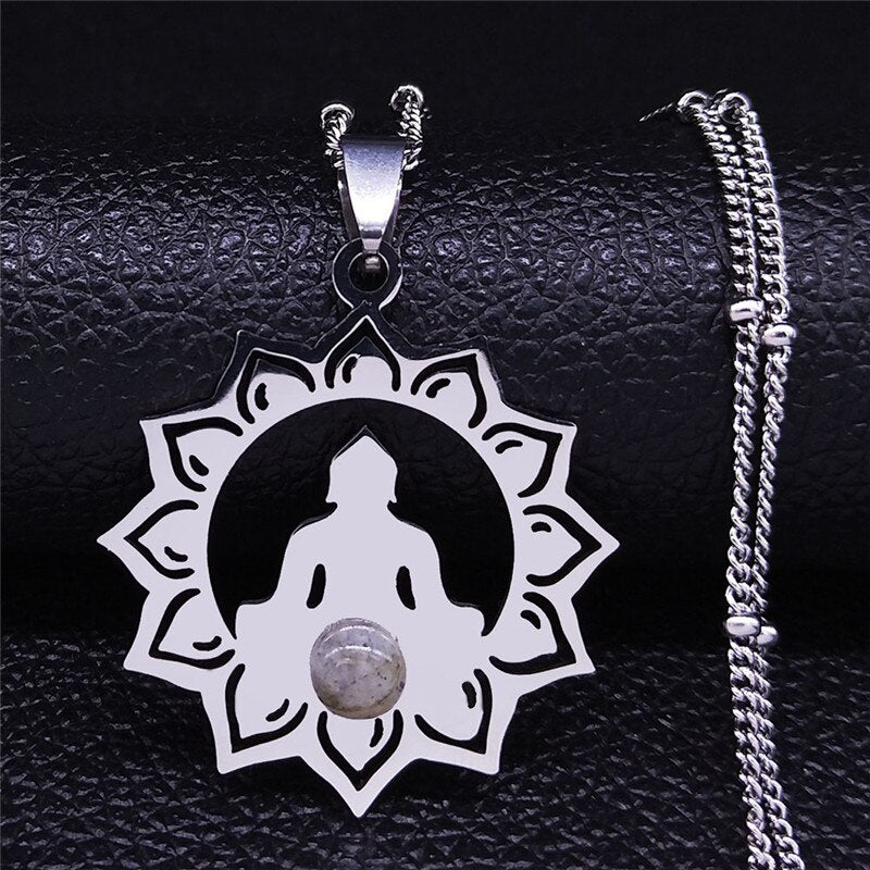 Yoga Lotus Freshwater Pearl Stainless Steel Necklace Silver Color Necklace Pendant Women Jewelry collares colier femme N4449S04