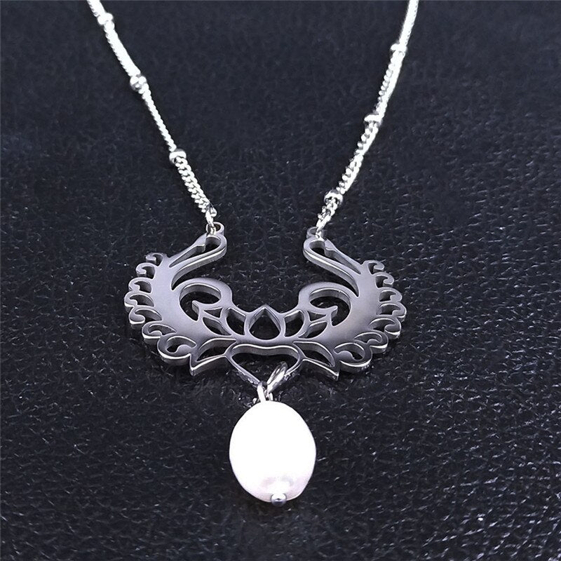 Yoga Lotus Freshwater Pearl Stainless Steel Necklace Silver Color Necklace Pendant Women Jewelry collares colier femme N4449S04