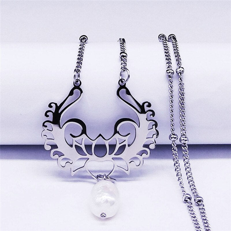 Yoga Lotus Freshwater Pearl Stainless Steel Necklace Silver Color Necklace Pendant Women Jewelry collares colier femme N4449S04