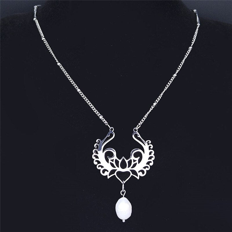 Yoga Lotus Freshwater Pearl Stainless Steel Necklace Silver Color Necklace Pendant Women Jewelry collares colier femme N4449S04
