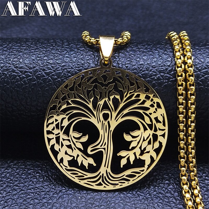Yoga Tree of Life Stainless Steel Chain Necklaces Women/Men Gold Color Long Pendants Necklaces Jewelry collier homme N7054S02