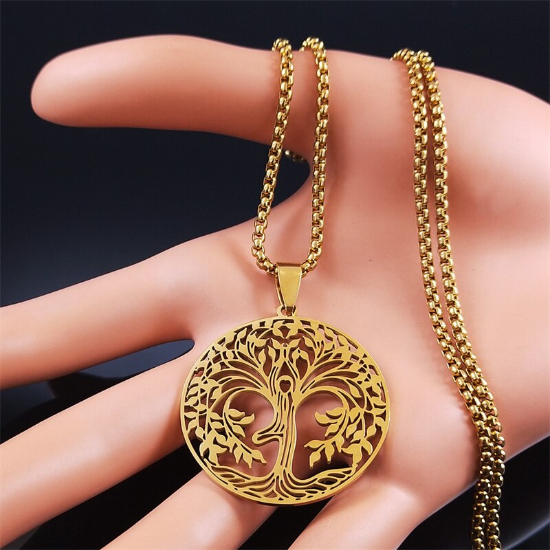 Yoga Tree of Life Stainless Steel Chain Necklaces Women/Men Gold Color Long Pendants Necklaces Jewelry collier homme N7054S02