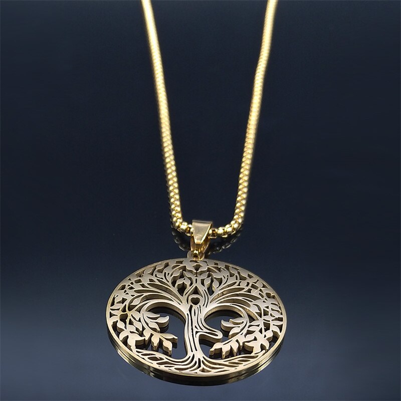 Yoga Tree of Life Stainless Steel Chain Necklaces Women/Men Gold Color Long Pendants Necklaces Jewelry collier homme N7054S02