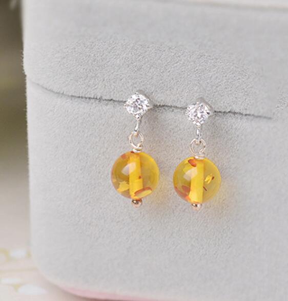 2 Color New Natural Amber Earrings for Women 925 Sterling Silver Round Beads Drop Earrings Baltic Amber Jewelry Wholesale