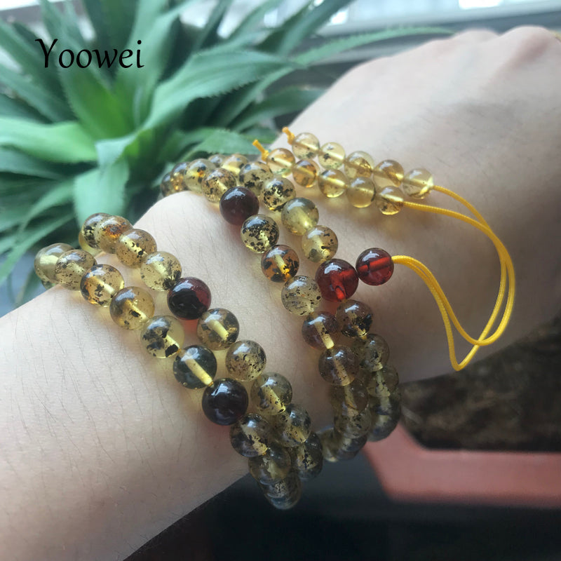 6mm Natural Green Amber Bracelets Genuine 108 Beads Plant Amber Mala Meditation Buddhist 69cm Amber Necklace Men Jewelry