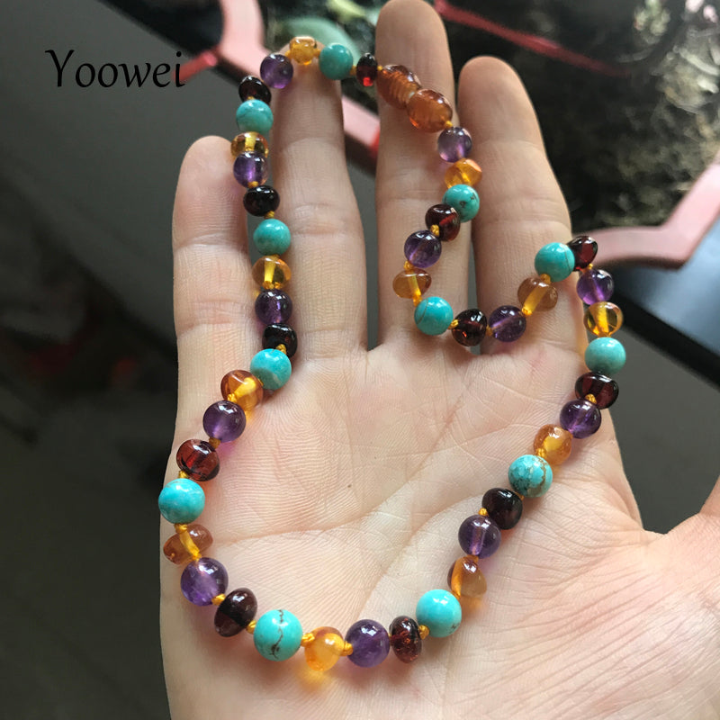 Baby Amber Teething Necklace Genuine Beads Natural Amethyst Turquoise Baltic Amber Jewelry Bracelet Necklace Wholesale