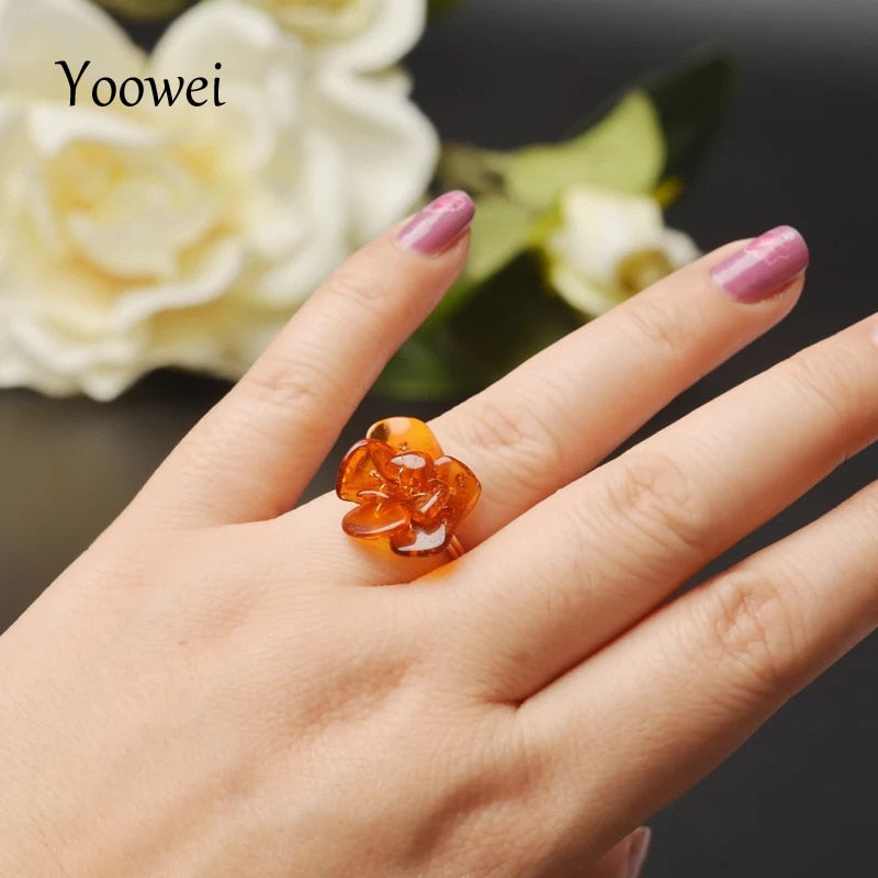 Baltic Amber Flower Rings for Women Genuine Gemstone Stunning Natural Amber Chips Ring Handmade Jewelry Anel Wholesale